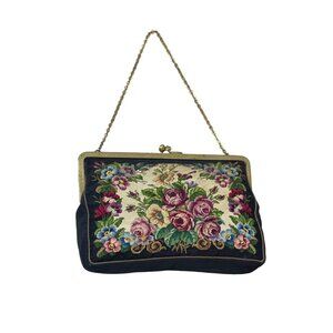 Vintage Unbranded Women's Black Flowered Canvas Evening Clutch Sz S